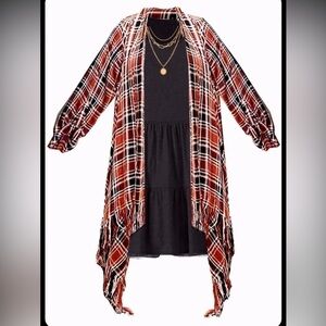 Rare Editions Checkered Plaid Fringe Trim Casual Open Front Cardigan Sweater